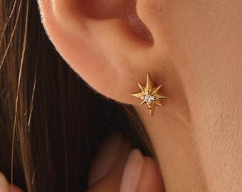 Diamond Starburst Studs, 14K Solid Gold Natural Diamond North Star Stud Earrings, Dainty Minimal Celestial Jewelry, Gift For Women