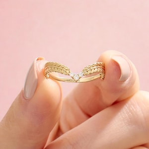 Solid 14K Gold Floral Wedding Band, Diamond Wishbone Stacking Ring for Women