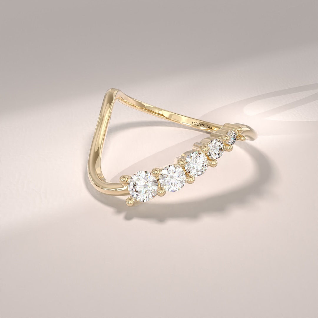 Diamond Wave Stacking Ring, 14k Solid Gold Curved Wedding Band Women ...