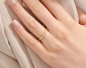 Blatt Hochzeit Band, 14k Solid Gold Ehering, Männer Frauen Minimalist Ehe Ring, seine sie Floral Engagement Band, handgemachte Schmuck Ringe