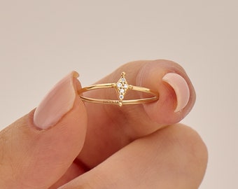 14k Gold Diamond Rhombus Ring, Solid Gold Tiny Engagement Ring Women, Minimalist Promise Ring, Delicate Kite Ring, Small Cute Rings for Her