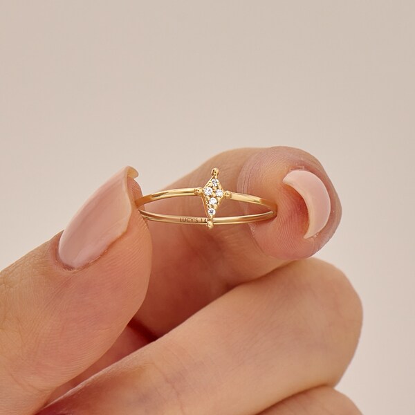 14k Gold Diamond Rhombus Ring, Solid Gold Tiny Engagement Ring Women, Minimalist Promise Ring, Delicate Kite Ring, Small Cute Rings for Her