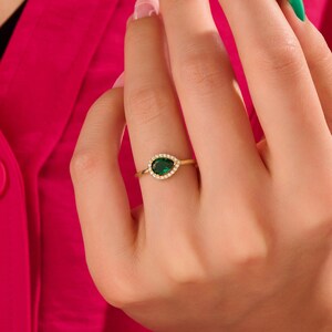 Pear Emerald Halo Ring 14k 10k 18k Solid Gold East West Emerald Ring Teardrop Green Engagement Ring Unique Solitaire Ring with Diamond image 4