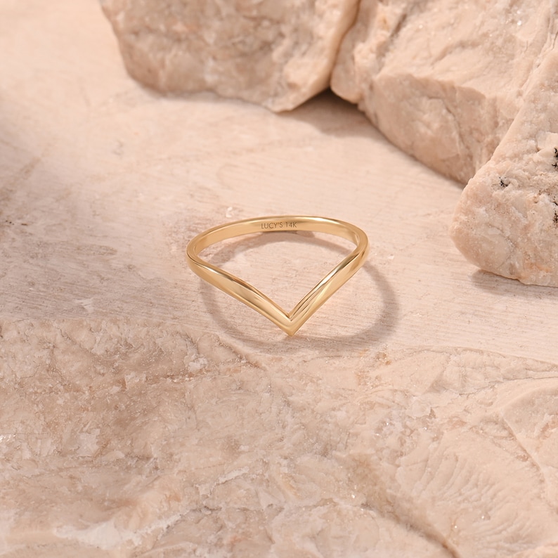 14k Gold Wishbone Ring, Solid Gold Chevron Stacking Ring, Curved Wedding Band, Womens V Shaped Ring, Stackable Thin Gold Band, Contour Ring image 7