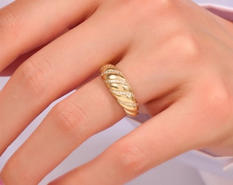 Pave Diamant Croissant Ring, 14k Twisted Dome Ring, Massiv Echt Gold Geflochtenes Seil Pinky Ring, Einzigartiges Design Siegelband Ringe für Frauen