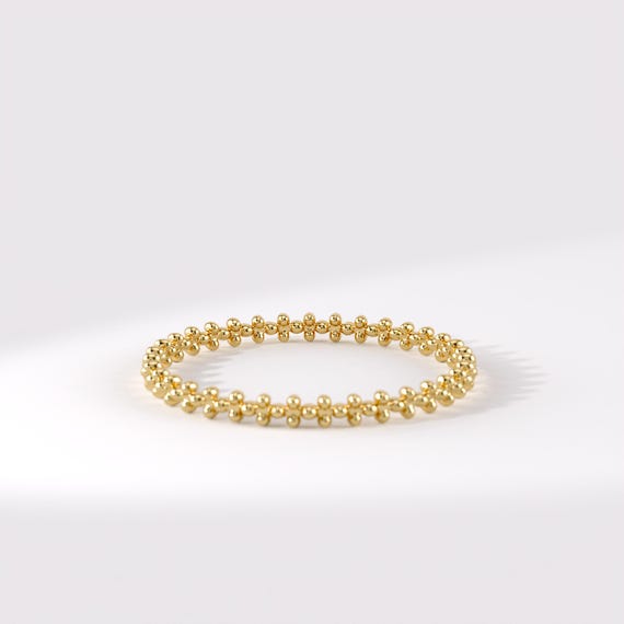 14K Gold Vermeil Beaded Ring, Slim Minimalist Band, Dainty Textured Jewelry, Stacking Everyday Ring