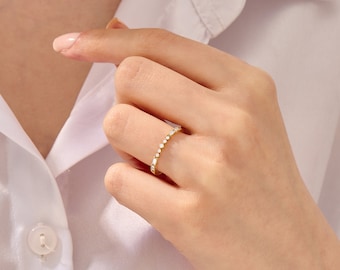 Tiny Diamond Slim Wedding Ring ⁃ Alternating Baguette Ring in 14k Solid Gold ⁃ Minimal Marriage Ring Enhancer Women ⁃ Dainty Stacking Ring