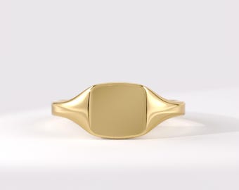 14k Solid Gold Personalized Signet Ring – Custom Engraved Square Pinky Ring for Women, Unisex Initial Band, Geometric Gift for Her