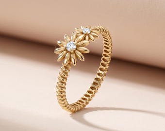 Sunflower Ring, Minimalist Daisy Rings for Women, Solid Gold Flower Ring, Floral Statement Ring, Diamond Flower Ring, Gift for Her, Mom