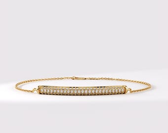 Lab Diamond Bar Bracelet, 14K Solid Gold Minimalist Pave Diamond Chain Jewelry, Elegant Everyday Wristwear, Dainty Gift For Her