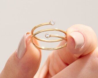 Bezel Diamond Coil Ring / Wrap Around Ring /Dainty Double Spiral Ring / Adjustable Pointer Finger Ring / 10k 14k 18k Solid Gold