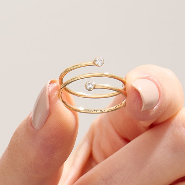 Bezel Diamond Coil Ring / Wrap Around Ring /Dainty Double Spiral Ring / Adjustable Pointer Finger Ring / 10k 14k 18k Solid Gold