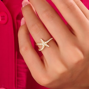 Diamond Starfish Ring Trendy Statement Ring 0.38ct Unique Daily Stacking Ring Women Special Gifts for Her 10k 14k 18k Solid Gold image 1