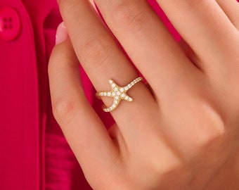 Diamond Starfish Ring - Trendy Statement Ring - 0.38ct Unique Daily Stacking Ring Women - Special Gifts for Her- 10k 14k 18k Solid Gold