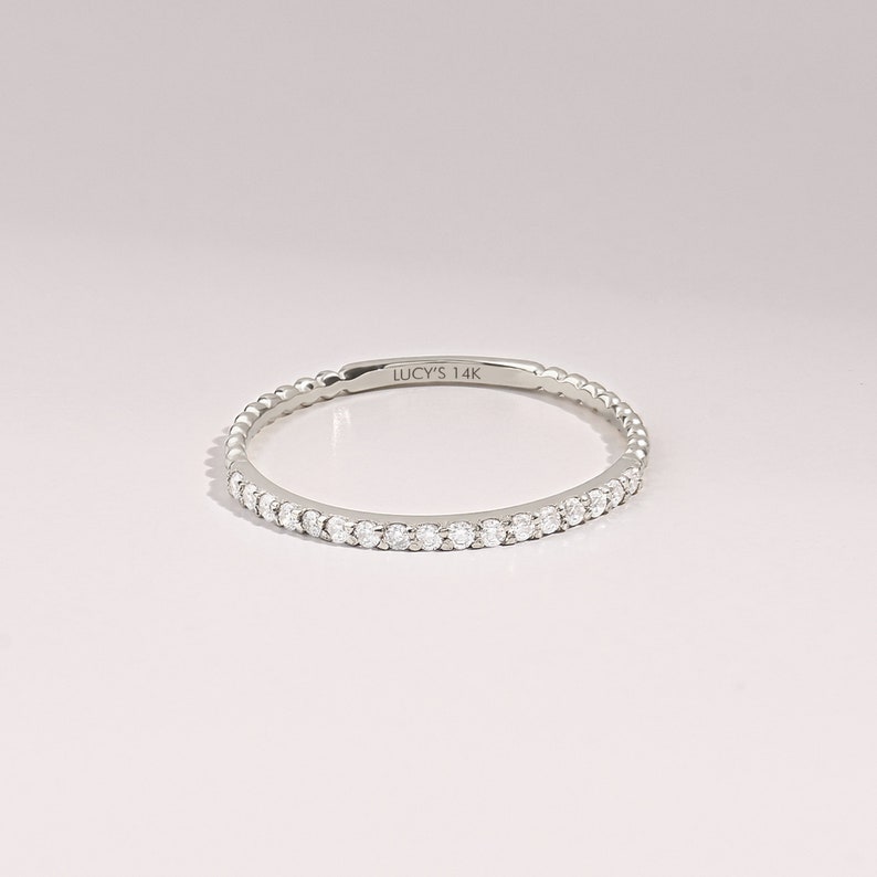 Diamond Thin Ball Stacking Ring, 14K Minimalist Wedding Rings for Women, Tiny Diamond Eternity Ring, Solid Gold Ring Enhancer, Gift for Her image 4