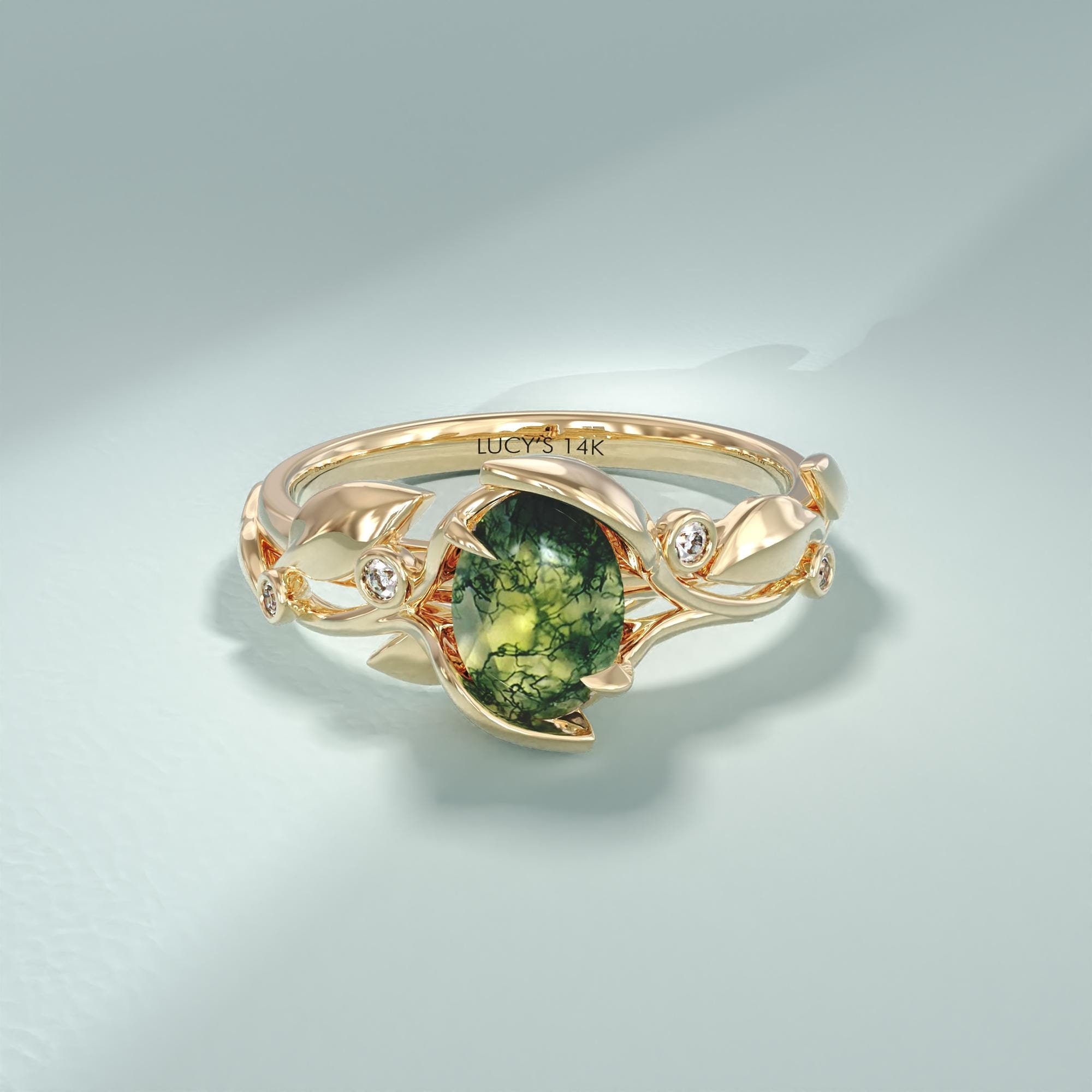Oval Moss Agate Vine Ring in Solid Gold – Botanical Ivy Engagement Ring for Women, Unique Green Agate Promise or Anniversary Gift