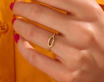 Oval Open Band Ring, 14k  Solid Gold Small Circle Ring, Minimal O Karma Ring Women ,Thin Ellipse Geometric Ring, Boho Modern Statement Ring