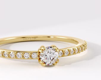 Diamond Engagement Ring, 14K Solid Gold Dainty Diamond Solitaire Ring, Pavé Promise Ring for Women, Simple Diamond Ring, Gift For Her