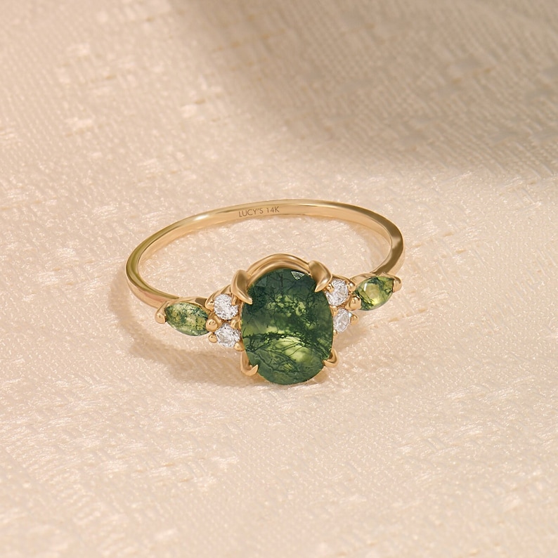 14k Accented Moss Agate Engagement Ring, Solid Gold Vintage Oval Anniversary Ring, Aquatic Green Proposal Ring, Mothers Solitaire Gift Ring image 4