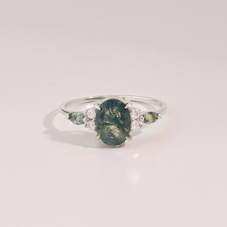 14k Accented Moss Agate Engagement Ring, Solid Gold Vintage Oval Anniversary Ring, Aquatic Green Proposal Ring, Mothers Solitaire Gift Ring image 6