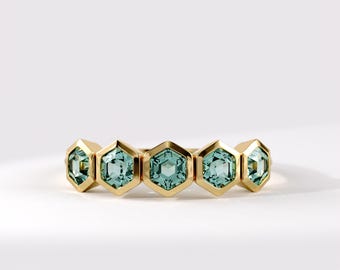 Teal Sapphire Wedding Ring, 14K Solid Gold Bezel Hexagon Band, Half Eternity Blue Green Gemstone Band, Dainty 5 Stone Rings for Women