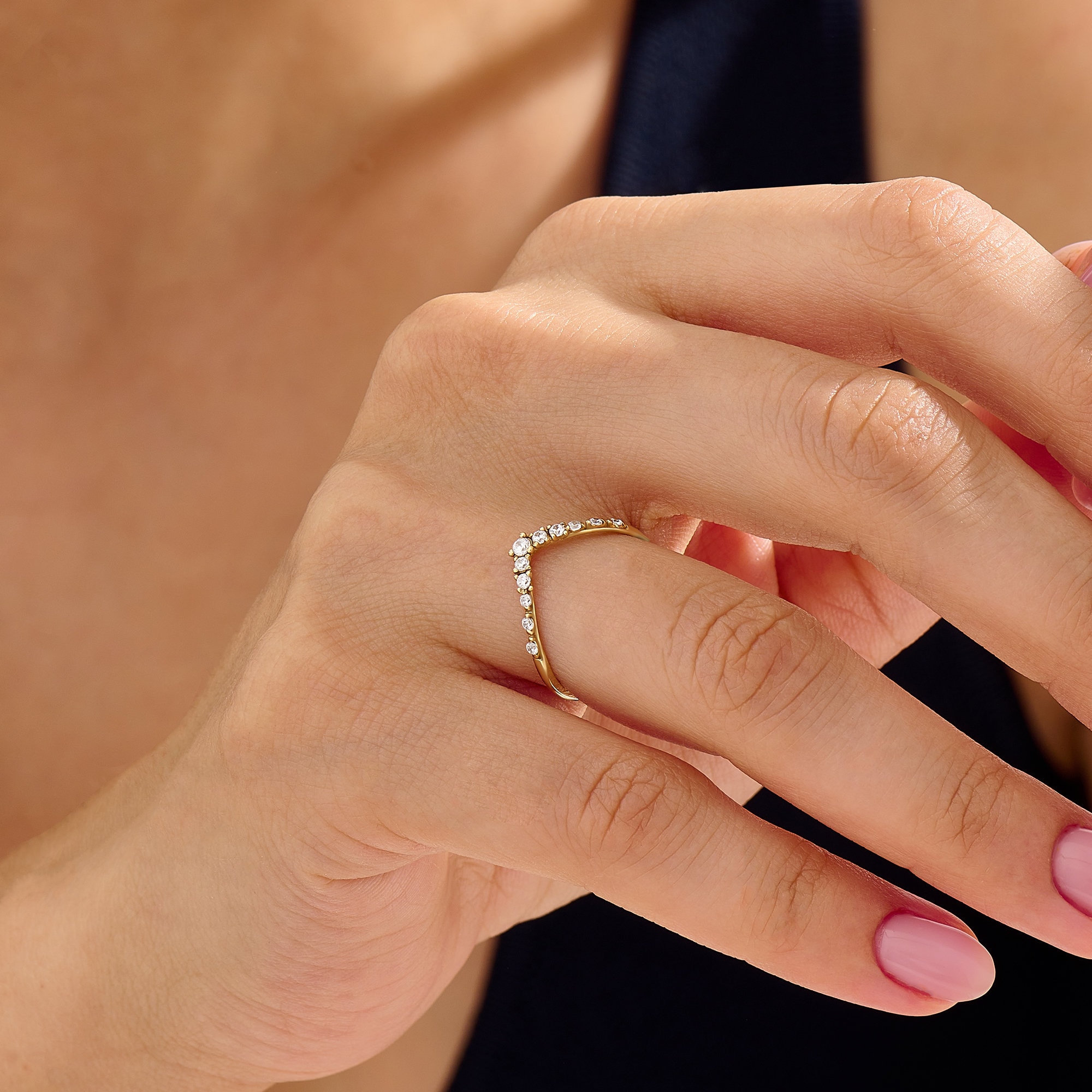 Curved Diamond Wedding Ring for Women 14k Solid Gold V Shaped Ring Dainty Stacking Ring Contour Band Ring Thin Nesting Ring Enhancer