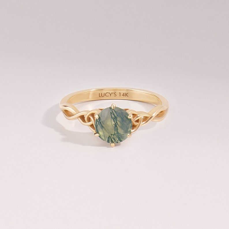 14k Gold Moss Agate Round Celtic Ring, Solid Gold Solitaire Engagement Ring, Irish Love Knot Promise Ring, Green Agate Natural Ring image 1