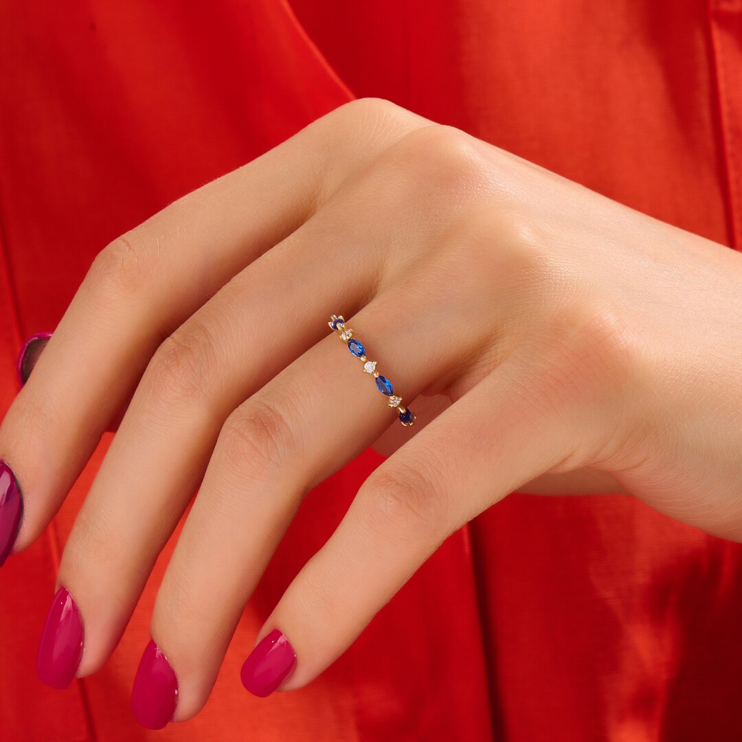 Diamond Marquise Sapphire Band Ring 14k 10k 18k Solid Gold Sapphire Wedding Ring Blue Gemstone