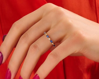 Diamond Marquise Sapphire Band Ring | 14k 10k 18k Solid Gold Sapphire Wedding Ring | Blue Gemstone Eternity Ring | Stacking Ring Women