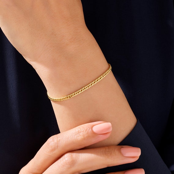 14k Solid Gold Cuban Chain Bracelet, Minimalist Link Jewelry for