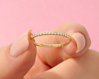 14k Solid Gold Diamond Beaded Ring, Vintage Milgrain Eternity Stacking Band, Thin Lab Grown Diamond Wedding Enhancer, Unique Fine Jewelry