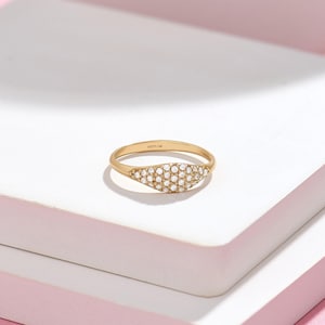 14K Solid Gold Pave Diamond Pinky Ring, Slim Signet Stacking Band, Unique Lab Diamond Pointer Finger Rings