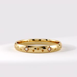 14k Solid Gold Celestial Wedding Band, Gypsy Set Starburst Eternity Ring, North Star Engraved Comfort Fit Flat Band, Fine Bridal Jewelry