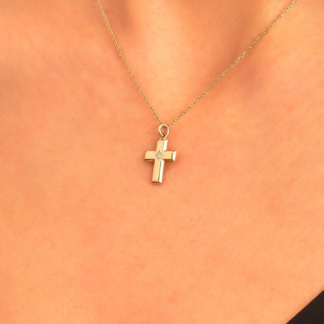 Tiny Diamond Cross Pendant Necklace 14k Solid Gold Religious Symbol