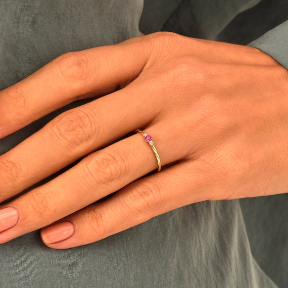 Minimalist Ruby Ring Dainty 14K Gold Tiny Ruby Band Women Petite Pink Gemstone Stacking Jewellery in Yellow Rose White Twisted Thin Delicate