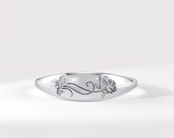 14k Solid Gold Birth Flower Signet Ring, 10k Personalized Engraved