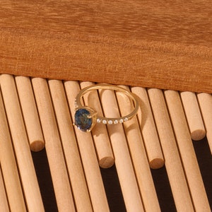 Sapphire Engagement Ring, 14k Gold Oval Solitaire Ring, Solid Gold Blue Gemstone Ring for Women, Dainty Diamond Sapphire Band Gift for Her image 6