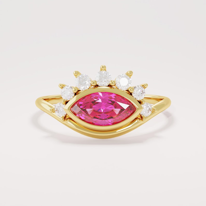 14k Solid Gold Lab Ruby Ring, Evil Eye Ring for Women, Red Ruby Ring, Bezel Ruby Ring, Unique Statement Ring, Third Eye Ring Jewelry Gift Bild 6
