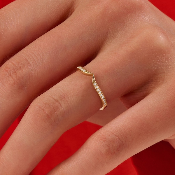 Diamond Chevron Wedding Ring | 14k 18k 10k Solid Gold Stacking Ring | Pave Diamond Curve Nesting Ring Women | Minimalist Ring Enhancer Gold