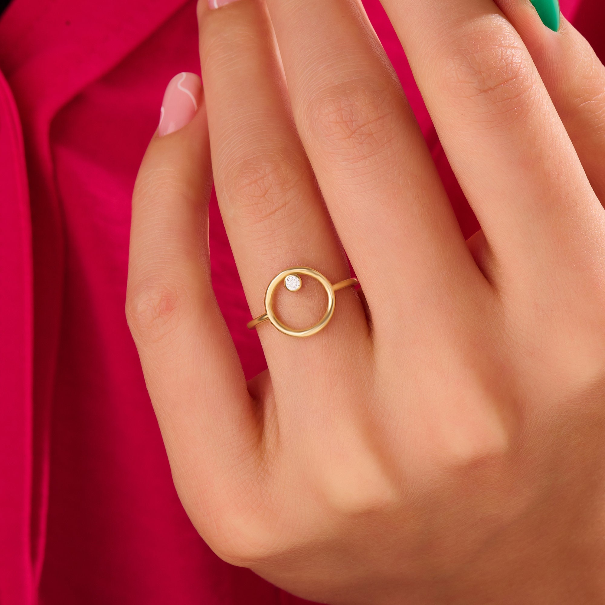 Diamond Karma Ring 14k Open Circle Ring Solid Gold Simple Round