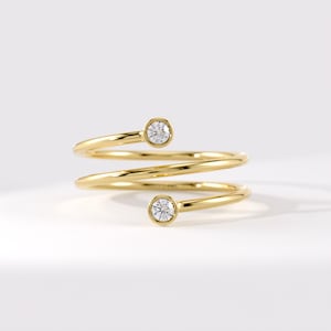 14K Solid Gold Wrap Ring with Bezel Diamond, Spiral Coil Statement Ring, Modern Minimal Jewelry