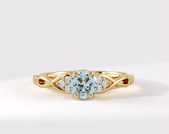 Blue Opal Ring 14K Solid Gold, 6mm Round Lab Created Gemstone Ring, Lab Diamond Accent Ring, Twisted Real Gold Jewelry, Gift for Her