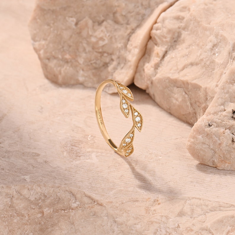 Diamond Iconic Leaf Ring 14k Solid Gold Vine Wedding Ring Botanical Diamond Ring Minimalist Leaves Ring Floral Ring Women Real Gold image 6