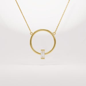 Diamond Baguette Necklace for Women 14k Solid Gold Circle Pendant Dainty Handmade Jewelry Delicate Gift for Her Modern Minimalist Look