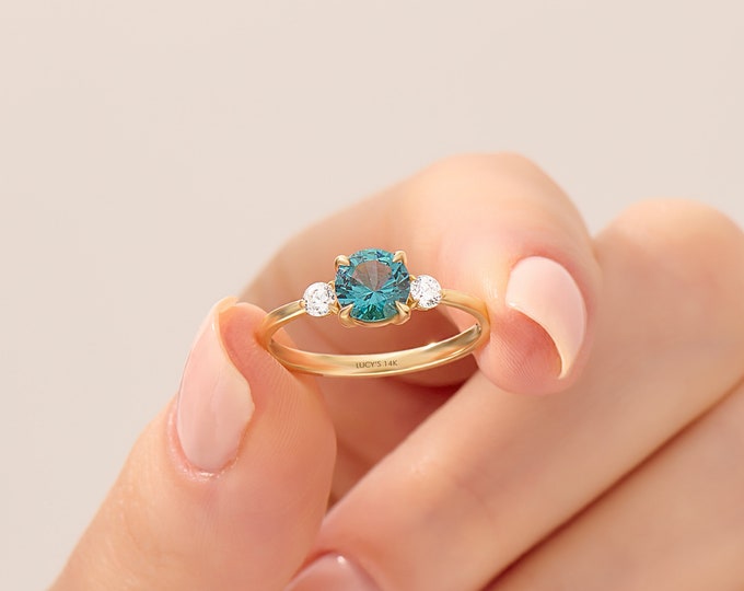 Blue Topaz Classic Solitaire Ring, 14k Solid Gold Gemstone Promise Ring, Womens Accent Diamond Engagement Ring, Unique Birthstone Ring