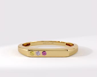 14K Solid Gold Minimalist 3 Gemstone Ring, Dainty Lab Created Gemstone Stacking Ring, Thin Modern Promise Ring for Women, Gift For Her