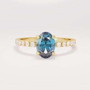 14k Solid Gold Sapphire Engagement Ring, Oval Blue Gemstone Solitaire with Dainty Diamonds, Handmade Gold Bridal Ring,Jewelry Gift for Her