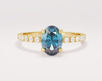 14k Solid Gold Sapphire Engagement Ring, Oval Blue Gemstone Solitaire with Dainty Diamonds, Handmade Gold Bridal Ring,Jewelry Gift for Her