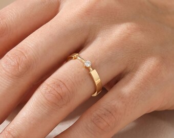 14K Solid Gold Diamond Solitaire Ring, Modern Asymmetric Band, Dainty Lab Diamond Promise Ring