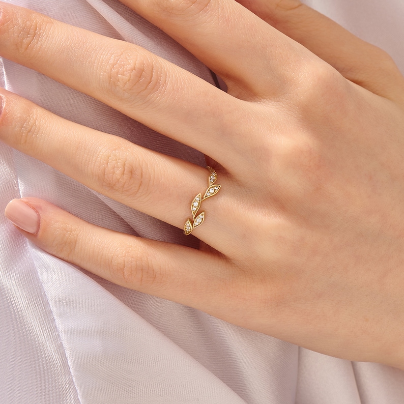 Diamond Iconic Leaf Ring 14k Solid Gold Vine Wedding Ring Botanical Diamond Ring Minimalist Leaves Ring Floral Ring Women Real Gold image 3